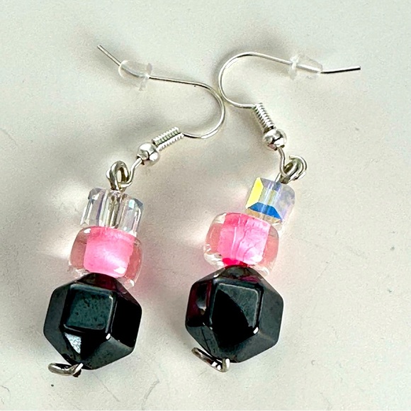AB Glass crystal Bead Earrings hematite and pink Glass Handmade Earrings 3476 P - Picture 1 of 6